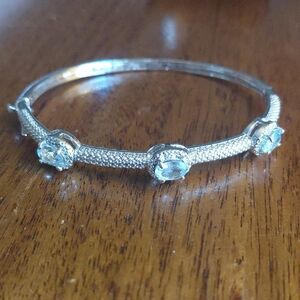 Aquamarine Silver Plated Bangle Braclet 6" Cuff With Safety Lock Like NEW!